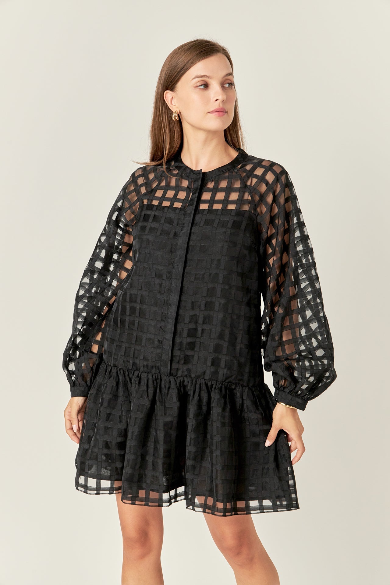 ENGLISH FACTORY - Sheer Checkered Organza Long Sleeve Mini Dress - DRESSES available at Objectrare