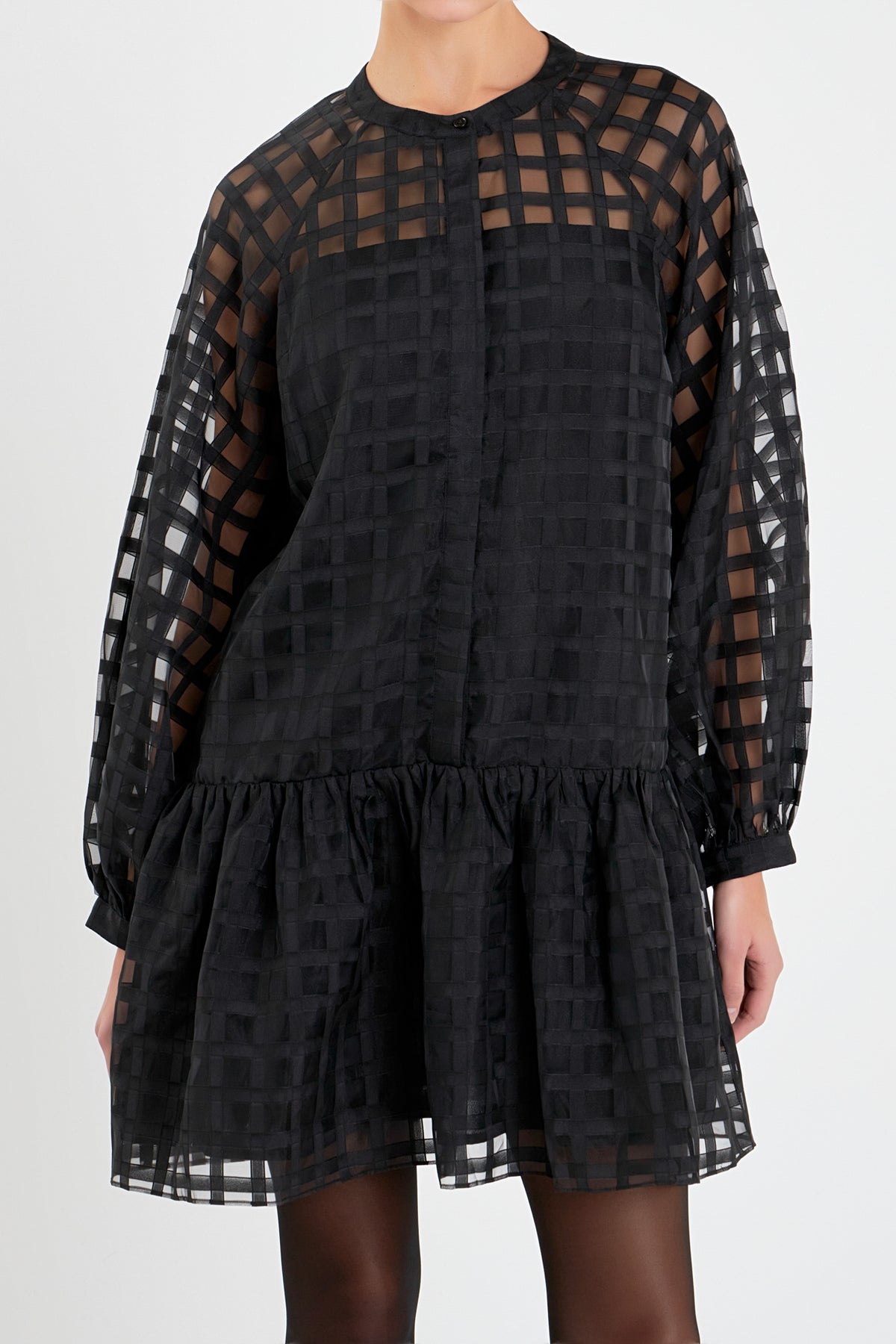 ENGLISH FACTORY - Check Organza Buttoned Long Sleeve Mini Dress - DRESSES available at Objectrare