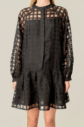 ENGLISH FACTORY - Sheer Checkered Organza Long Sleeve Mini Dress - DRESSES available at Objectrare