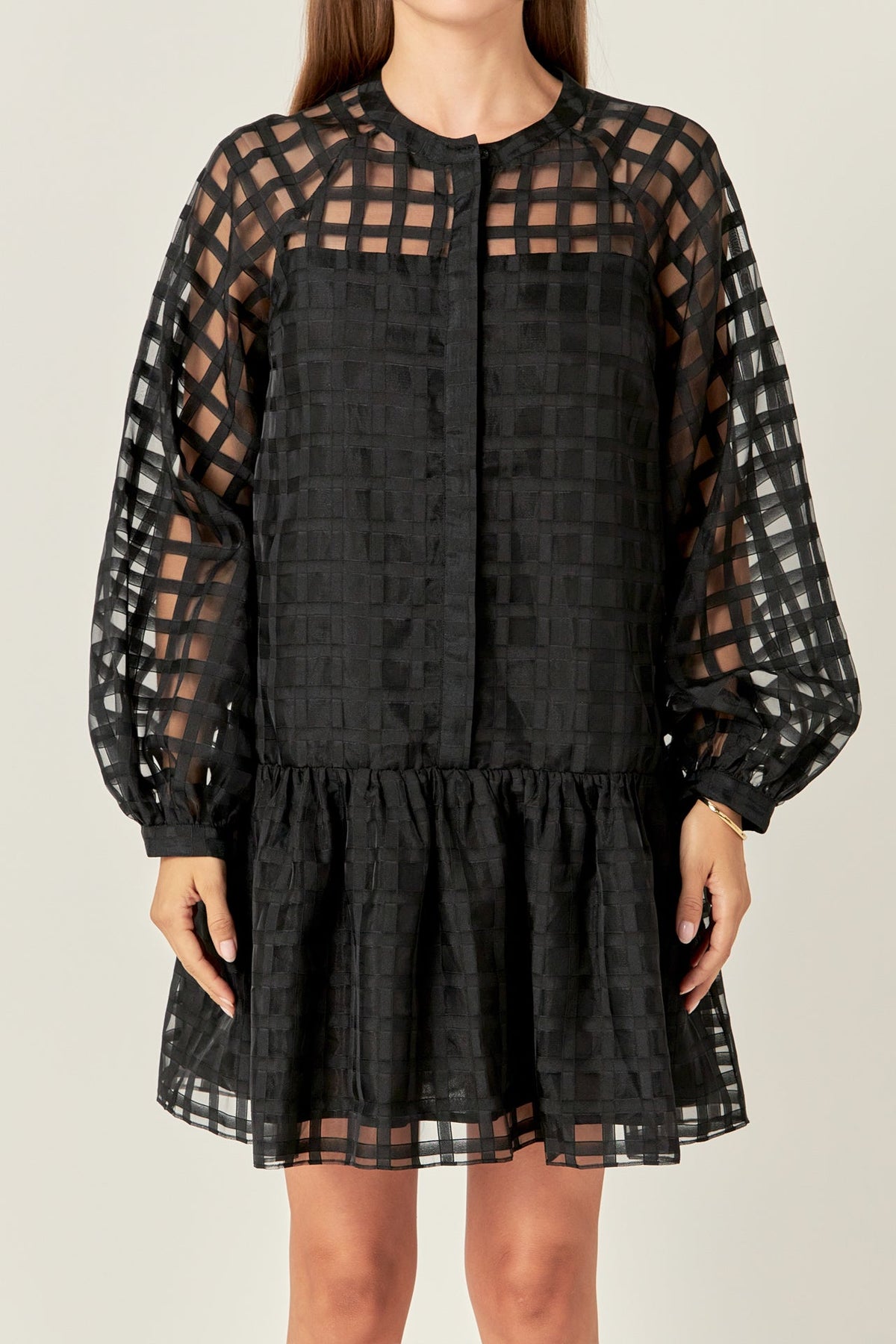 Sheer Checkered Organza Long Sleeve Mini Dress in Black