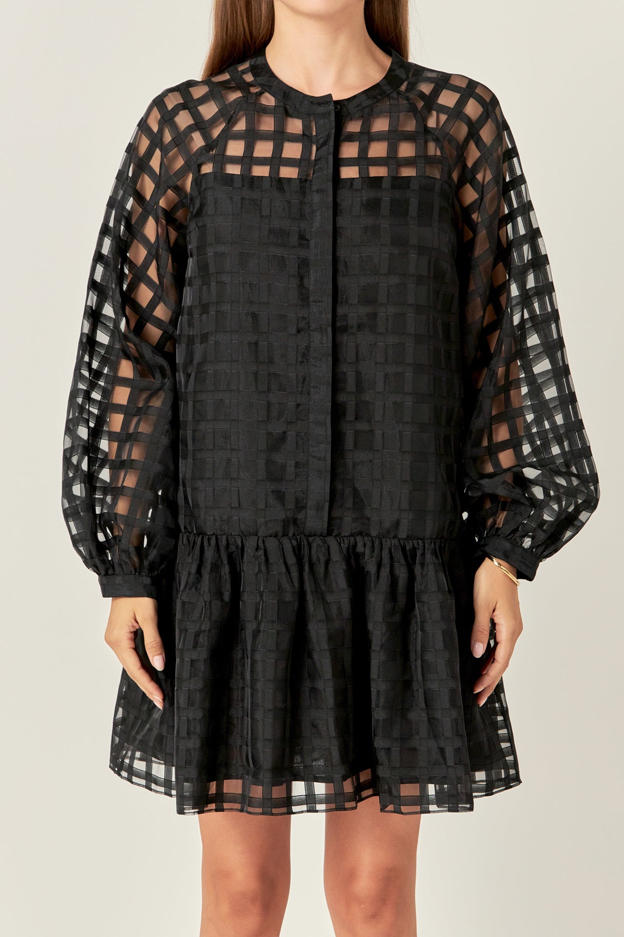 ENGLISH FACTORY - English Factory - Sheer Checkered Organza Long Sleeve Mini Dress - DRESSES available at Objectrare