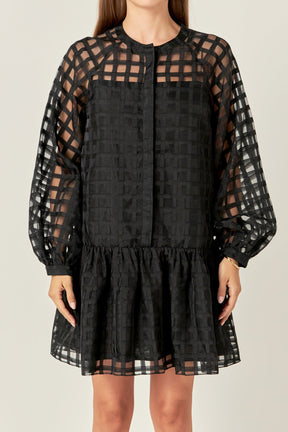 ENGLISH FACTORY - Sheer Checkered Organza Long Sleeve Mini Dress - DRESSES available at Objectrare