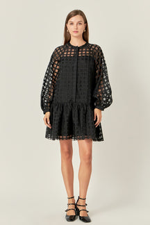 ENGLISH FACTORY - Sheer Checkered Organza Long Sleeve Mini Dress - DRESSES available at Objectrare