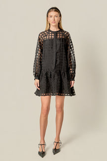 ENGLISH FACTORY - Sheer Checkered Organza Long Sleeve Mini Dress - DRESSES available at Objectrare