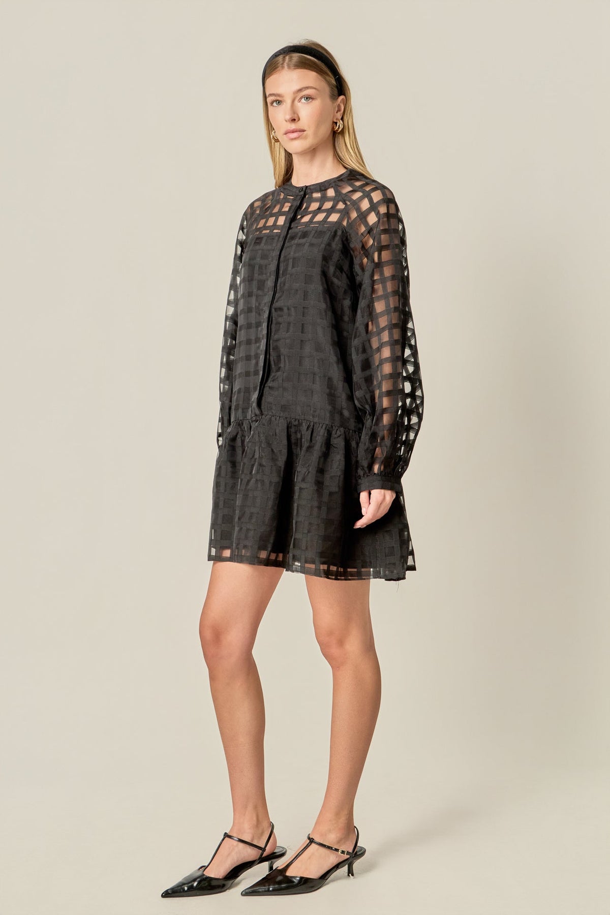 Sheer Checkered Organza Long Sleeve Mini Dress