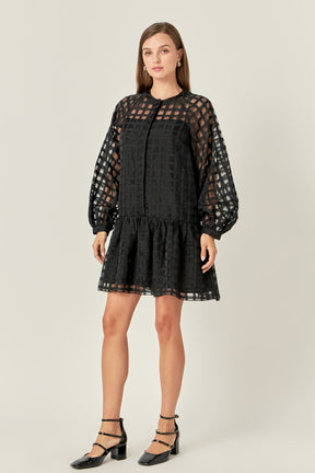 ENGLISH FACTORY - Sheer Checkered Organza Long Sleeve Mini Dress - DRESSES available at Objectrare