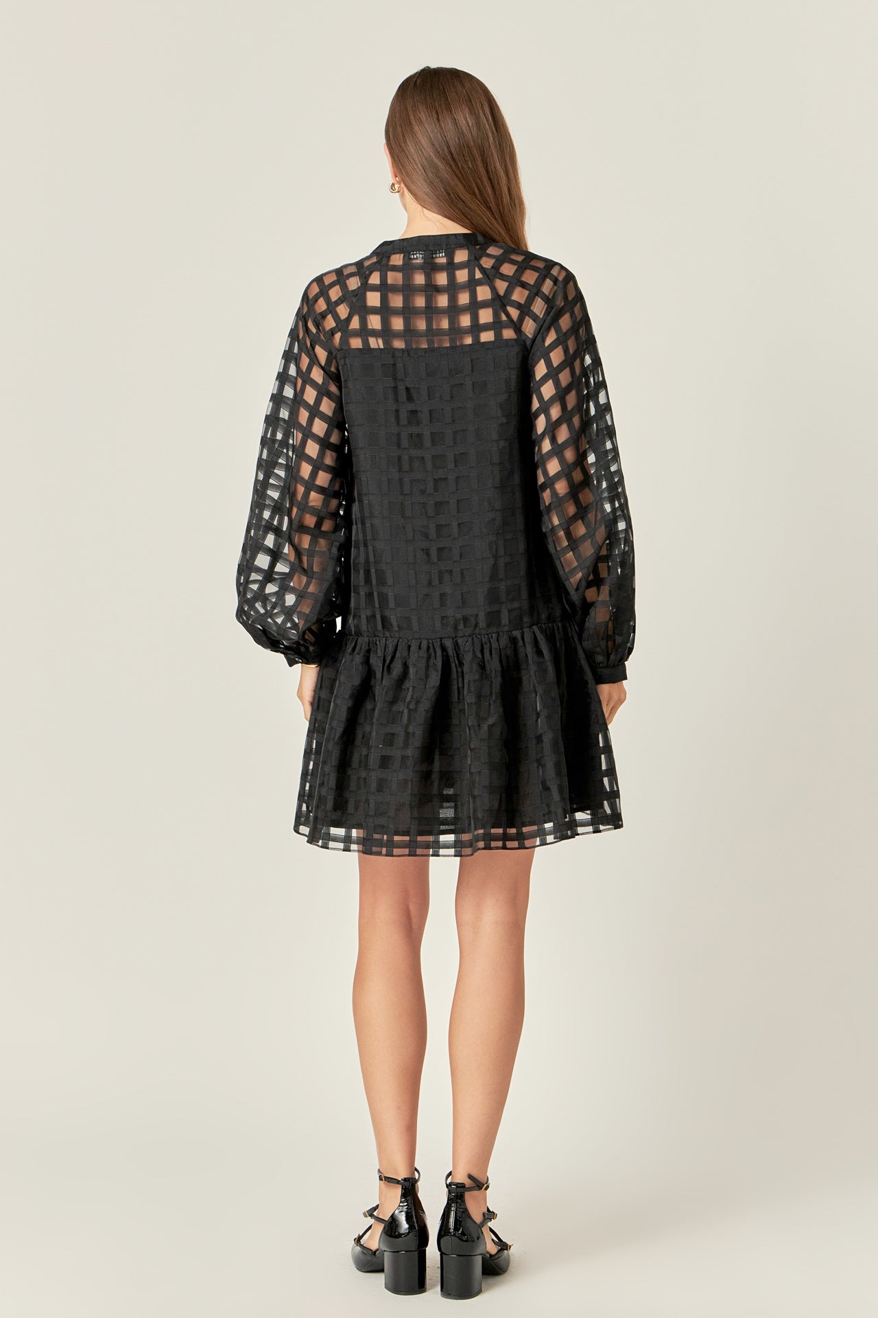 ENGLISH FACTORY - Sheer Checkered Organza Long Sleeve Mini Dress - DRESSES available at Objectrare