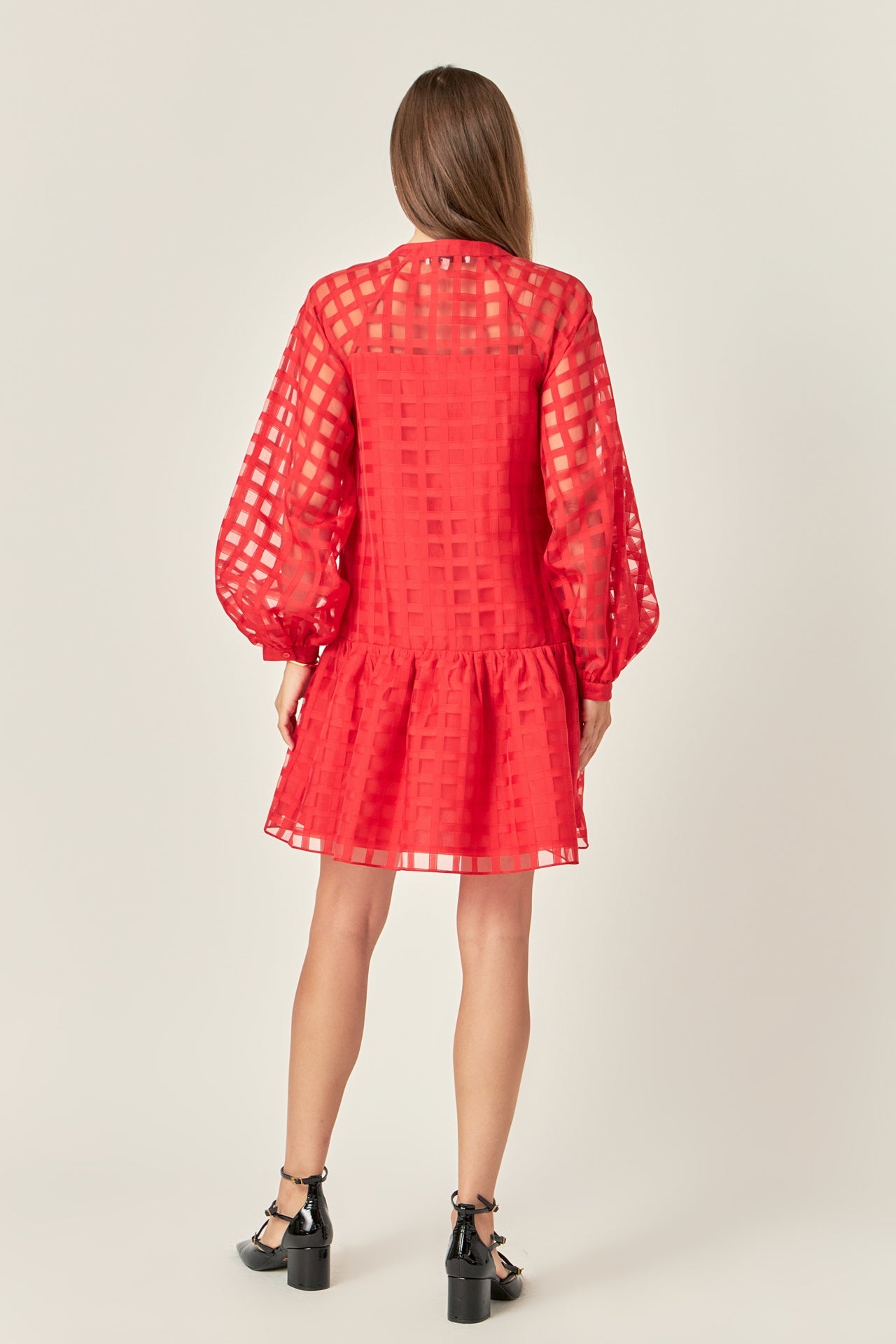 ENGLISH FACTORY - Sheer Checkered Organza Long Sleeve Mini Dress - DRESSES available at Objectrare