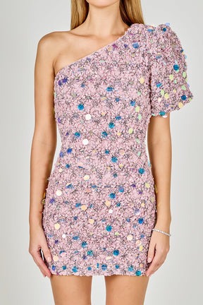ENDLESS ROSE - Premium One-Shoulder Sequin Mini Dress - DRESSES available at Objectrare