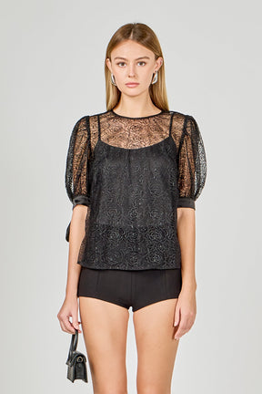 ENDLESS ROSE - Embroidered Puff Sleeve Satin Bow Top - TOPS available at Objectrare