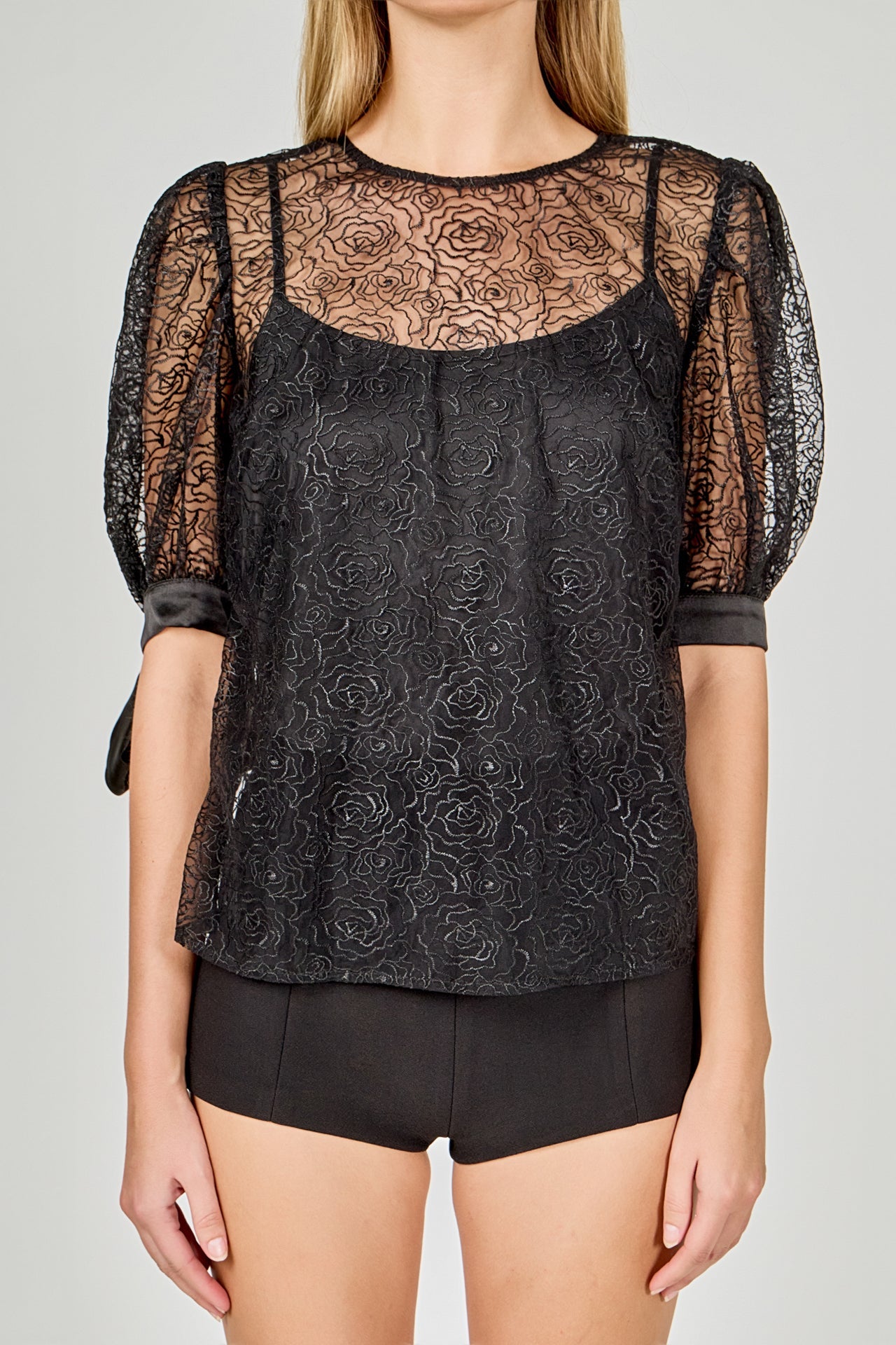 ENDLESS ROSE - Embroidered Puff Sleeve Satin Bow Top - TOPS available at Objectrare