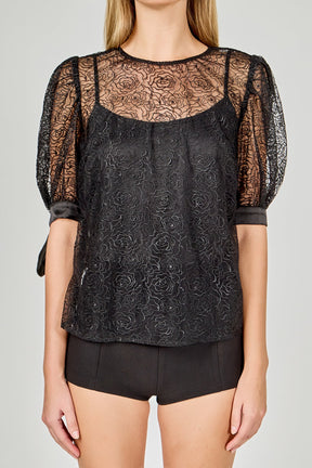 ENDLESS ROSE - Embroidered Puff Sleeve Satin Bow Top - TOPS available at Objectrare