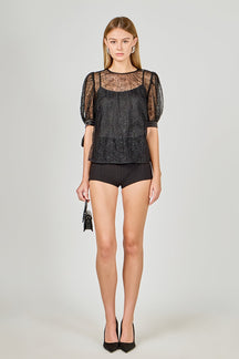 ENDLESS ROSE - Embroidered Puff Sleeve Satin Bow Top - TOPS available at Objectrare