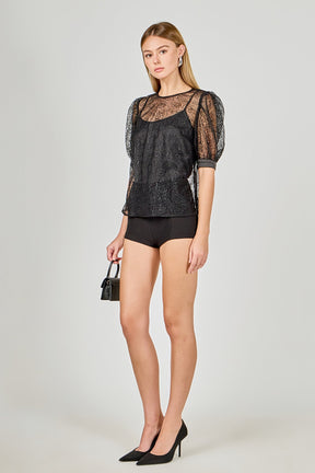 ENDLESS ROSE - Embroidered Puff Sleeve Satin Bow Top - TOPS available at Objectrare