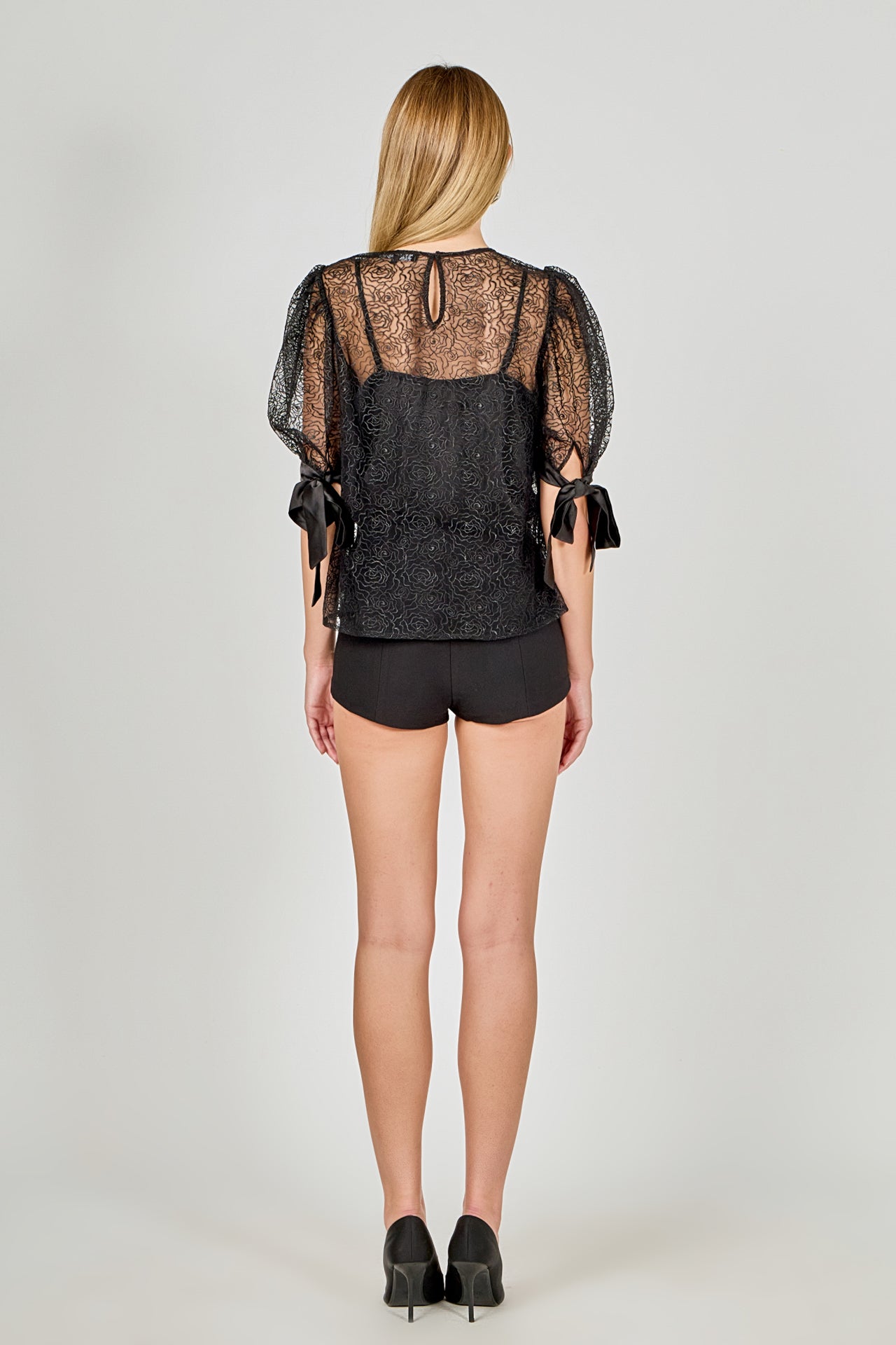 ENDLESS ROSE - Embroidered Puff Sleeve Satin Bow Top - TOPS available at Objectrare