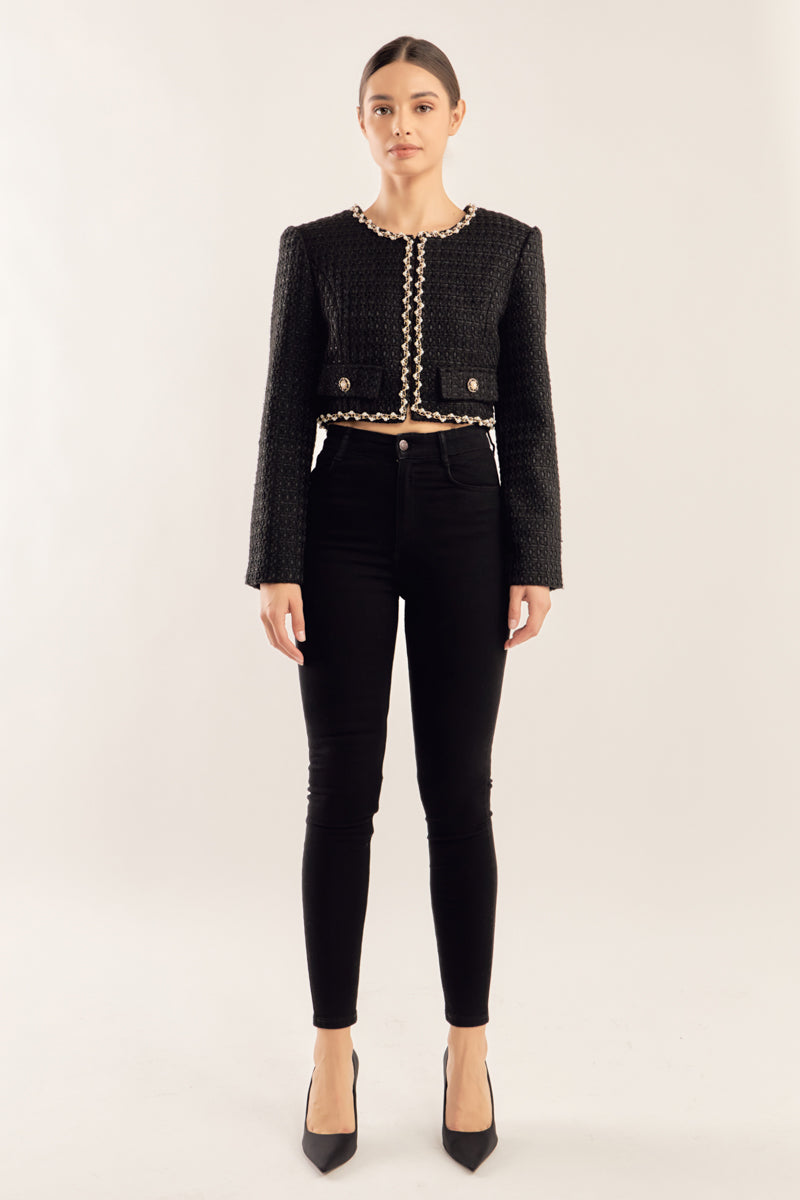 ENDLESS ROSE - Pearl Chain Trim Cropped Tweed Jacket - JACKETS available at Objectrare