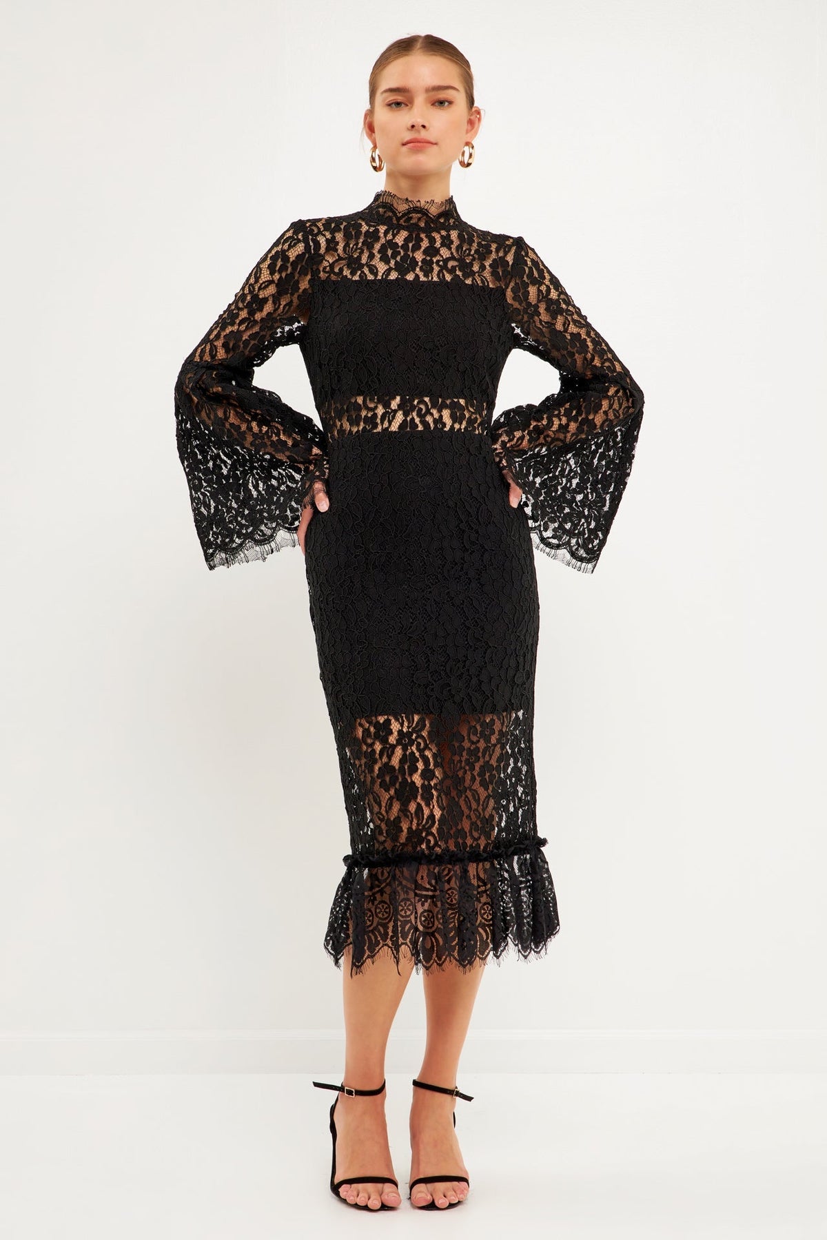 ENDLESS ROSE - Long-Sleeved Lace Midi Dress - DRESSES available at Objectrare