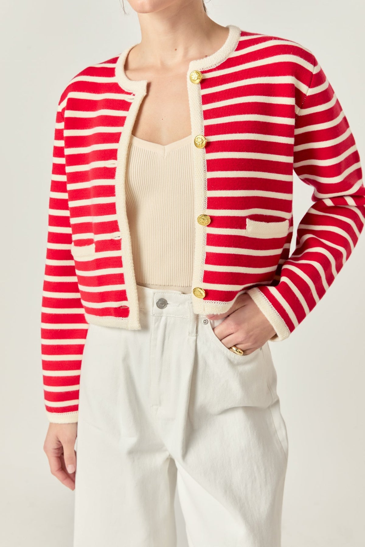 English Factory - Pepper Knit Sailor Stripe Long Sleeve Cropped Sweater Cardigan