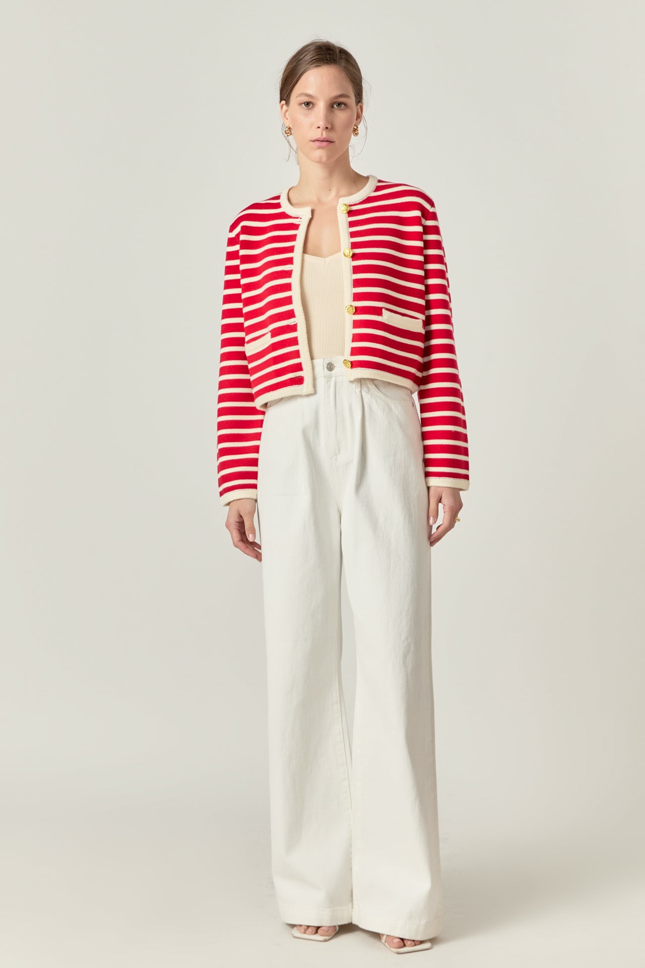 English Factory - Pepper Knit Sailor Stripe Long Sleeve Cropped Sweater Cardigan