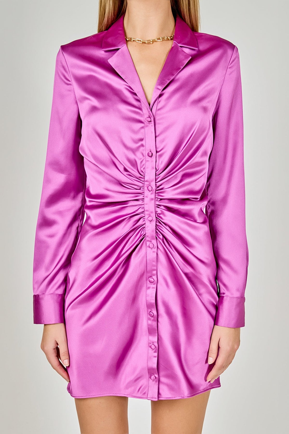 ENDLESS ROSE - Satin Ruched Long-Sleeve Mini Dress - DRESSES available at Objectrare