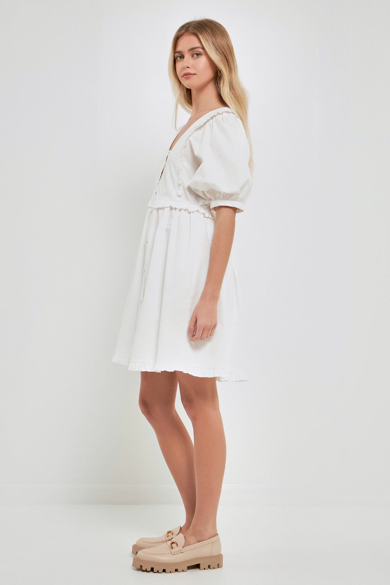 V Button Down Baby Doll Dress