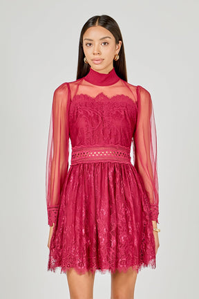 ENDLESS ROSE - Long Sleeve Lace Mini Dress - DRESSES available at Objectrare