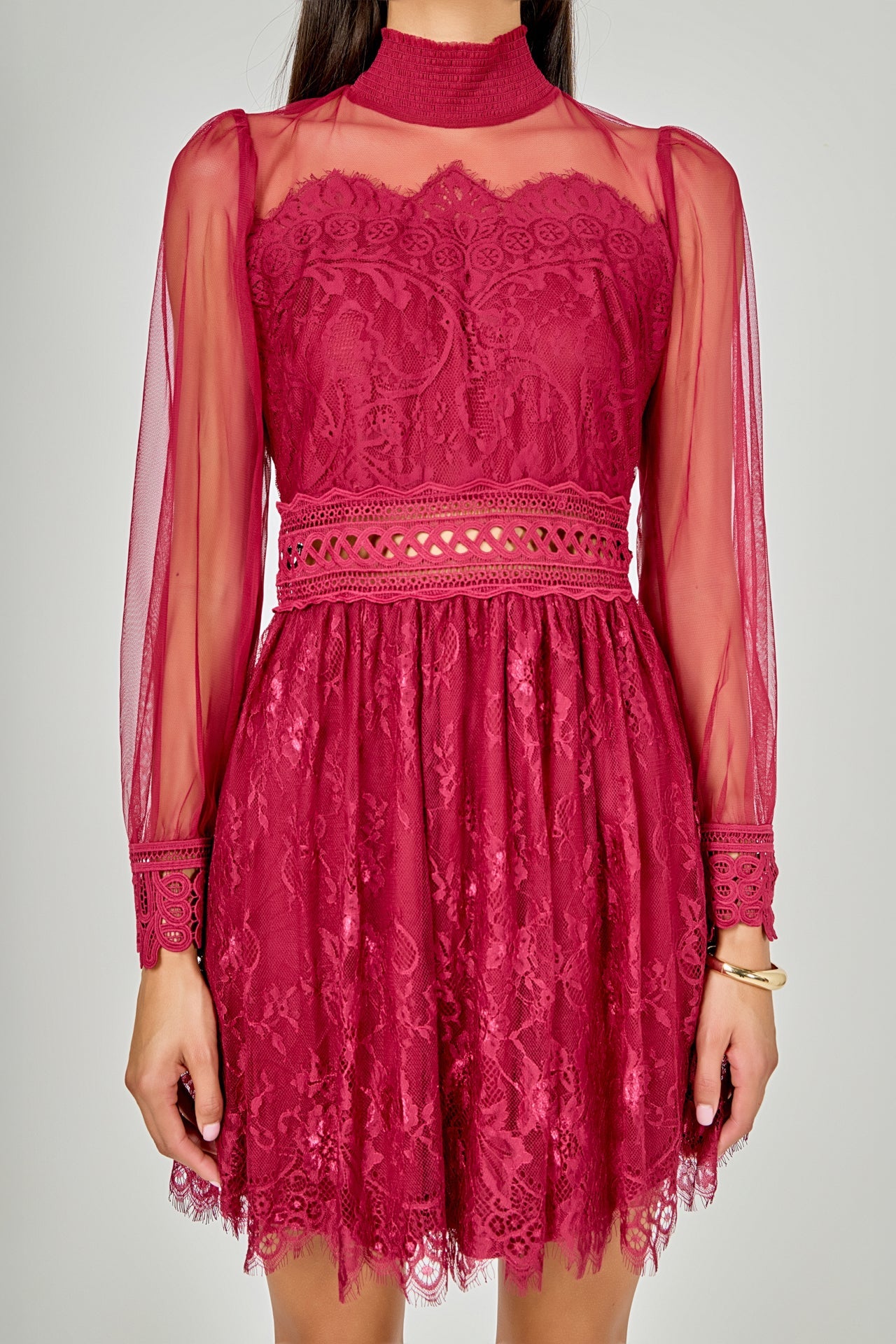 ENDLESS ROSE - Long Sleeve Lace Mini Dress - DRESSES available at Objectrare