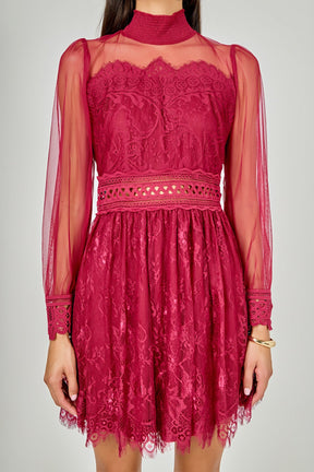 ENDLESS ROSE - Long Sleeve Lace Mini Dress - DRESSES available at Objectrare