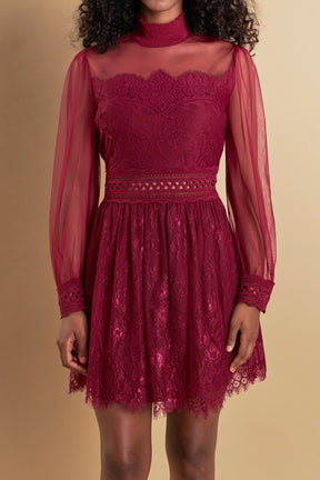 ENDLESS ROSE - Long Sleeve Lace Mini Dress - DRESSES available at Objectrare