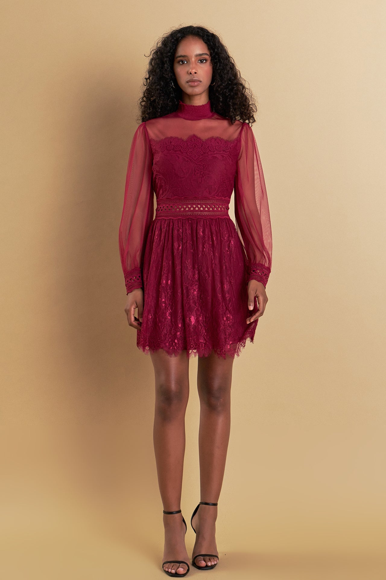 ENDLESS ROSE - Long Sleeve Lace Mini Dress - DRESSES available at Objectrare