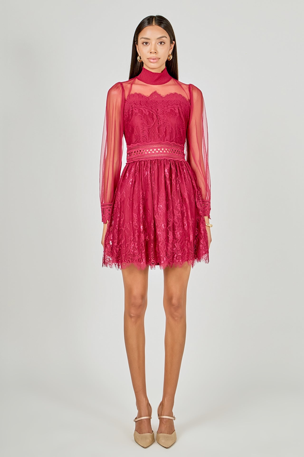 ENDLESS ROSE - Long Sleeve Lace Mini Dress - DRESSES available at Objectrare