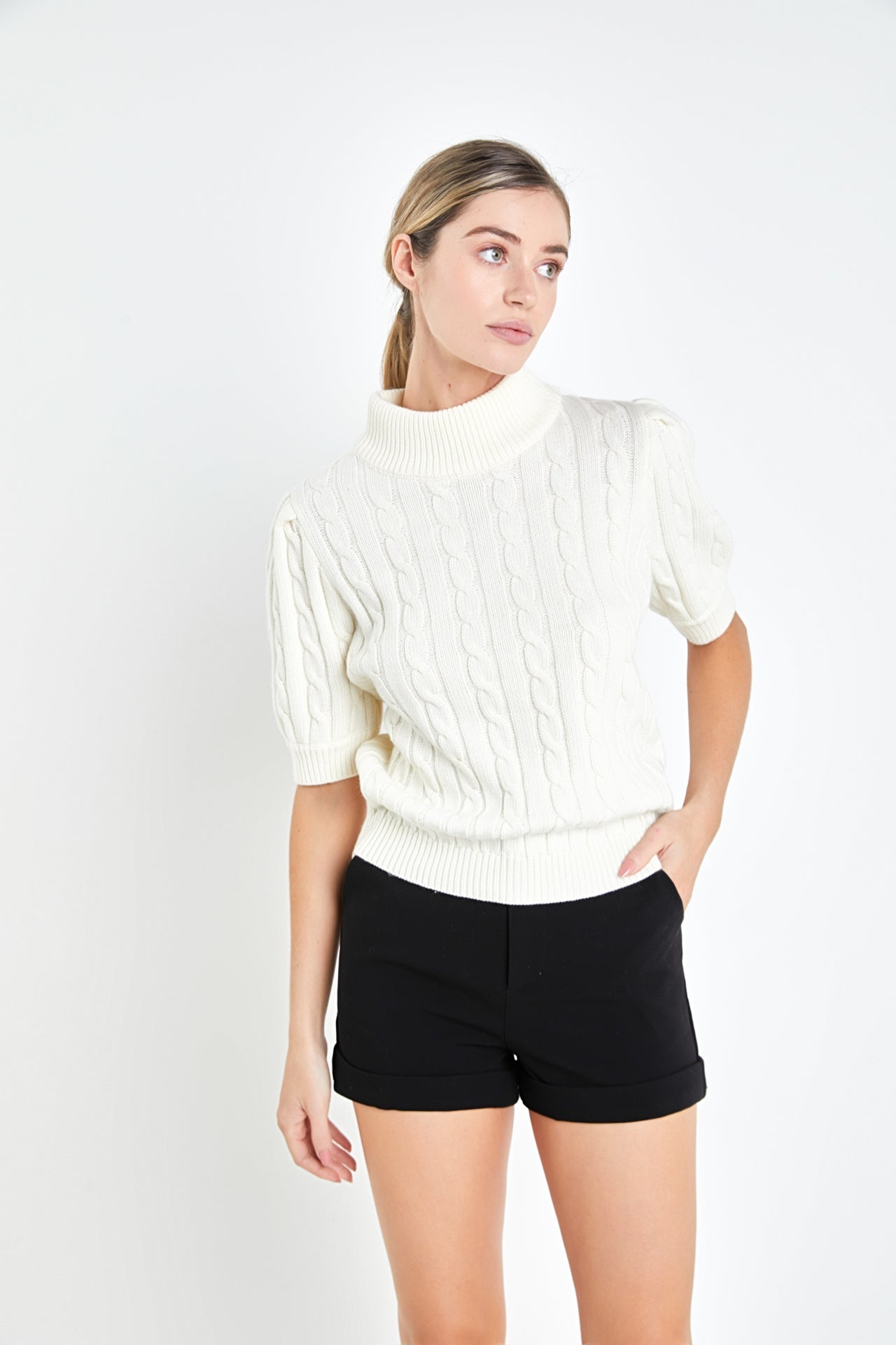 Short-Sleeve Cable-Knit Sweater