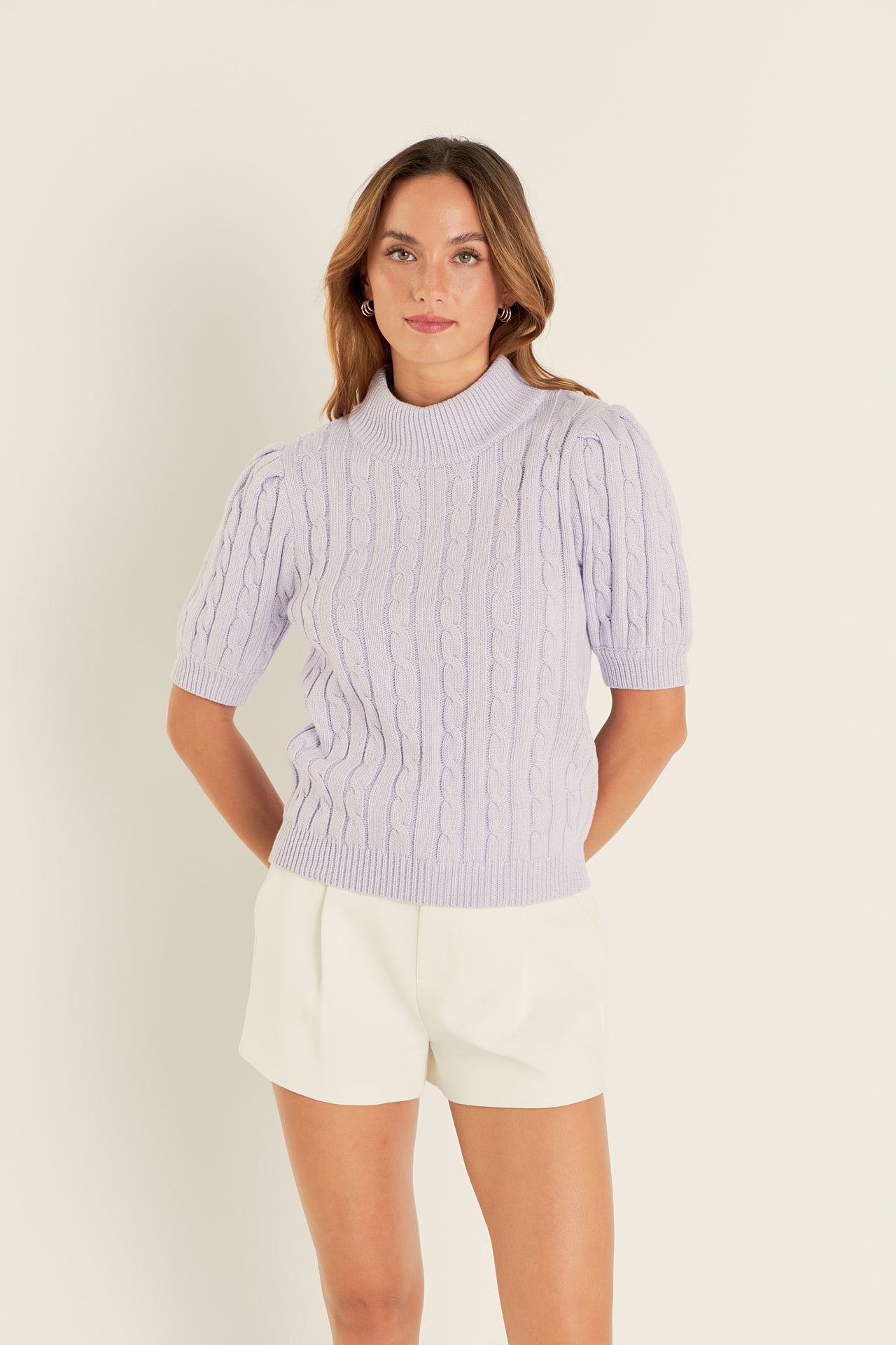 Short-Sleeve Cable-Knit Sweater