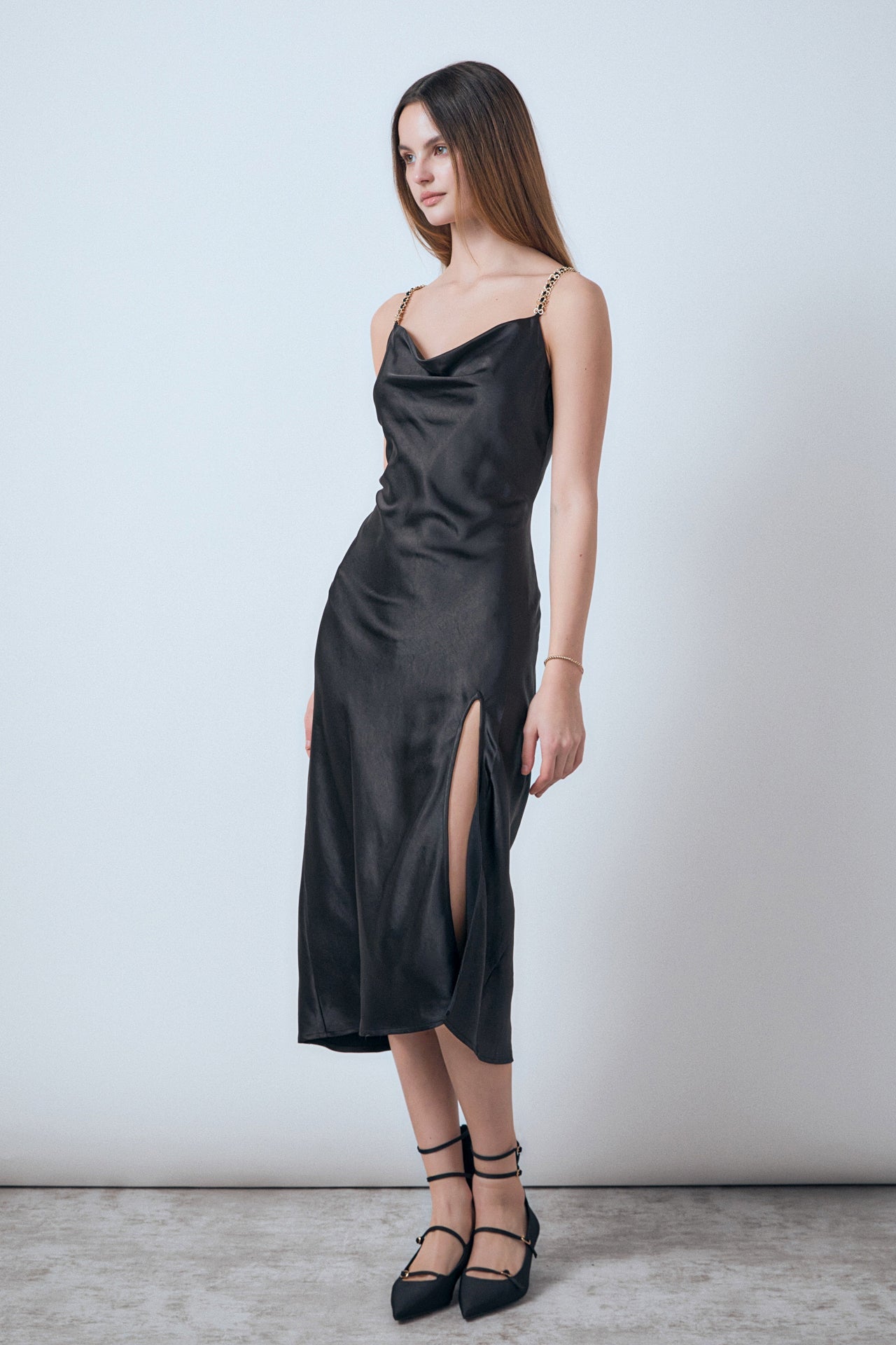 Endless Rose Women's Chunky Chain Satin Slit Dress - Black Endless Rose Women's Chunky Chain Satin Slit Dress - Black