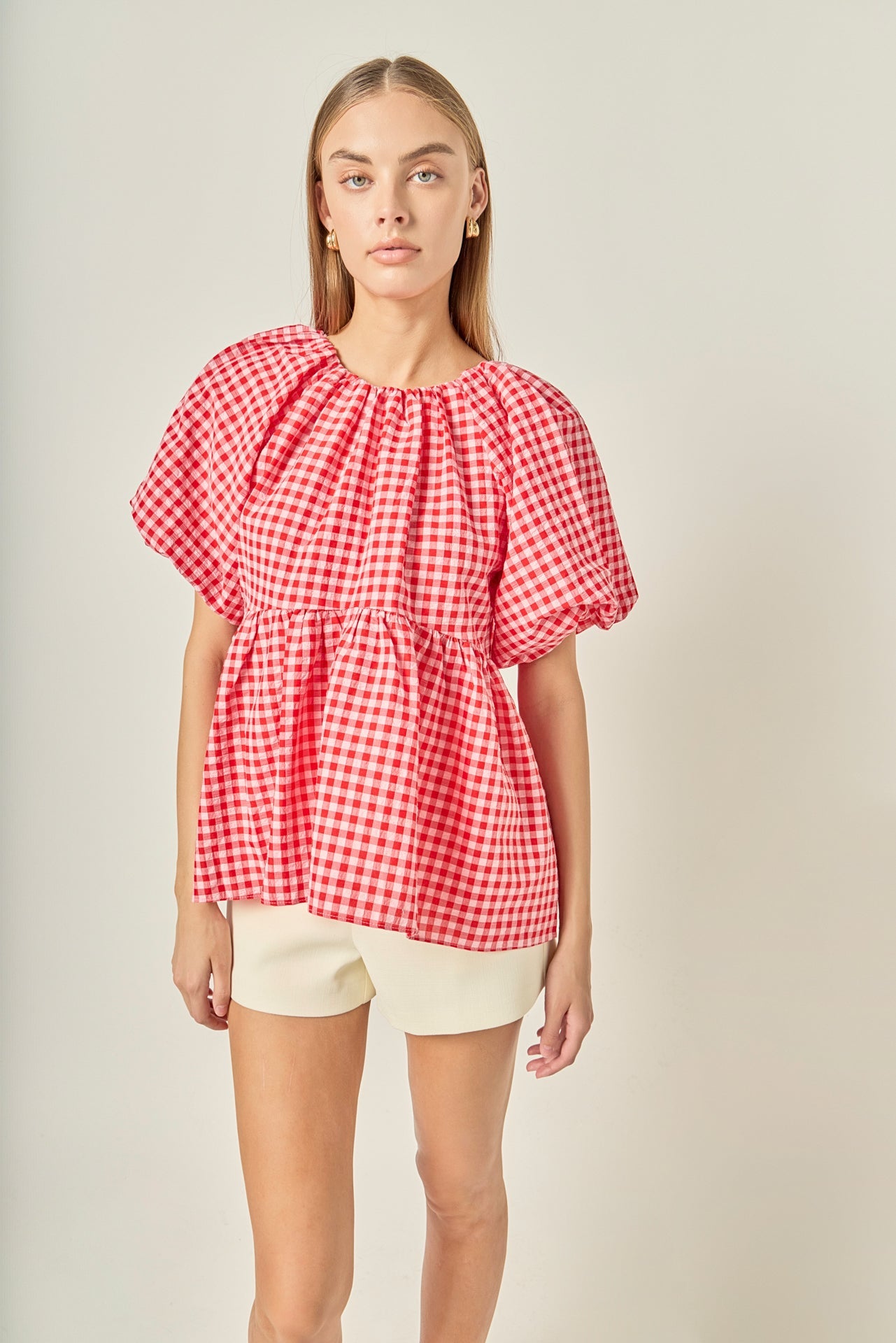 ENGLISH FACTORY - Gingham Neck Shirred Flowy Top - TOPS available at Objectrare