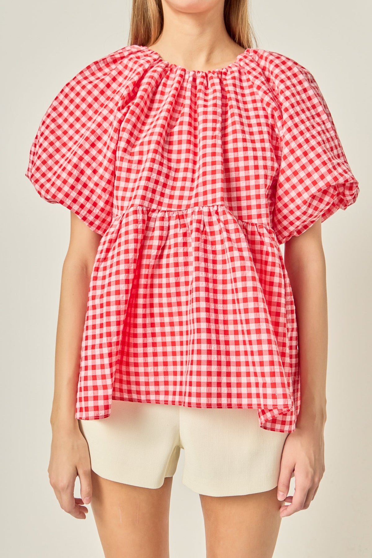 Gingham Neck Shirred Flowy Top
