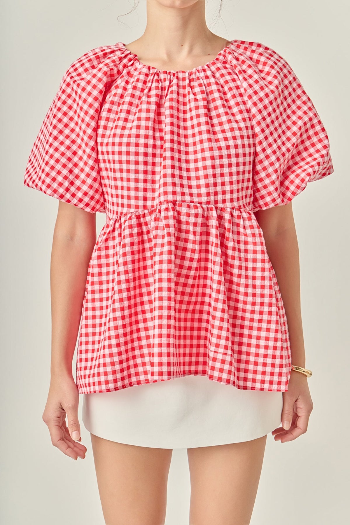 ENGLISH FACTORY - Gingham Neck Shirred Flowy Top - TOPS available at Objectrare