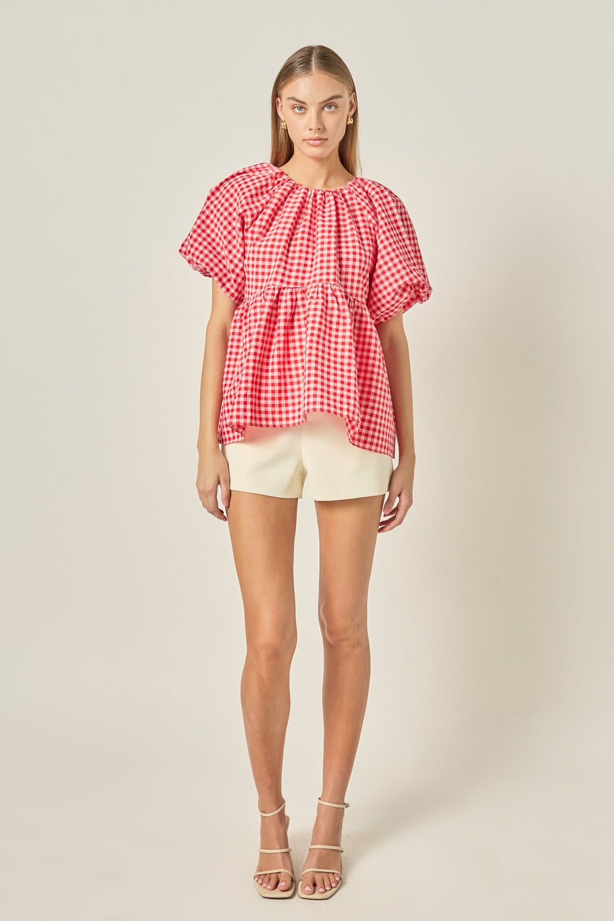 Gingham Neck Shirred Flowy Top
