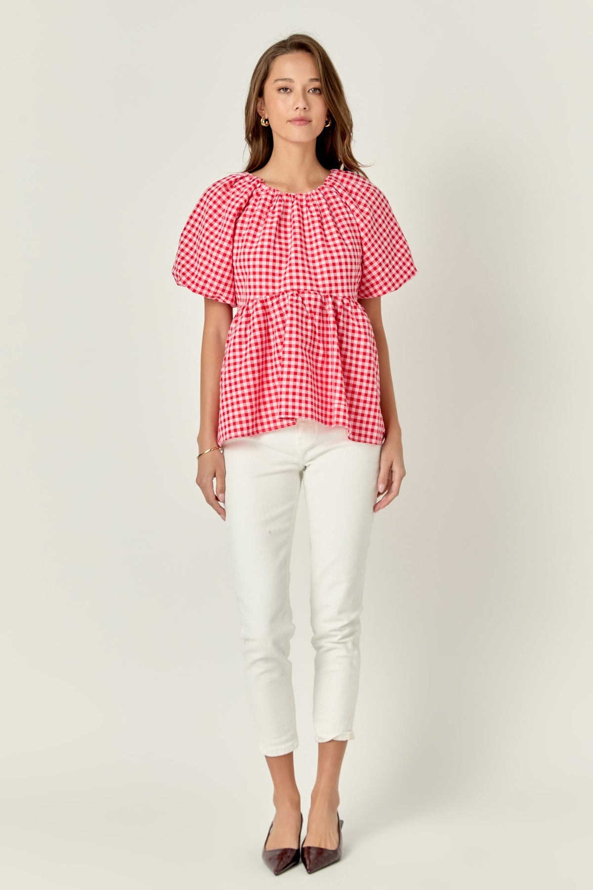 ENGLISH FACTORY - Gingham Neck Shirred Flowy Top - TOPS available at Objectrare