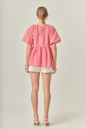 ENGLISH FACTORY - Gingham Neck Shirred Flowy Top - TOPS available at Objectrare