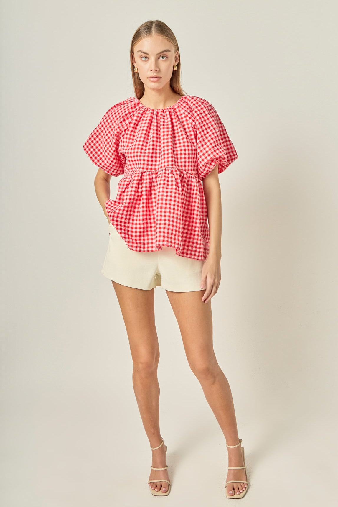 ENGLISH FACTORY - Gingham Neck Shirred Flowy Top - TOPS available at Objectrare