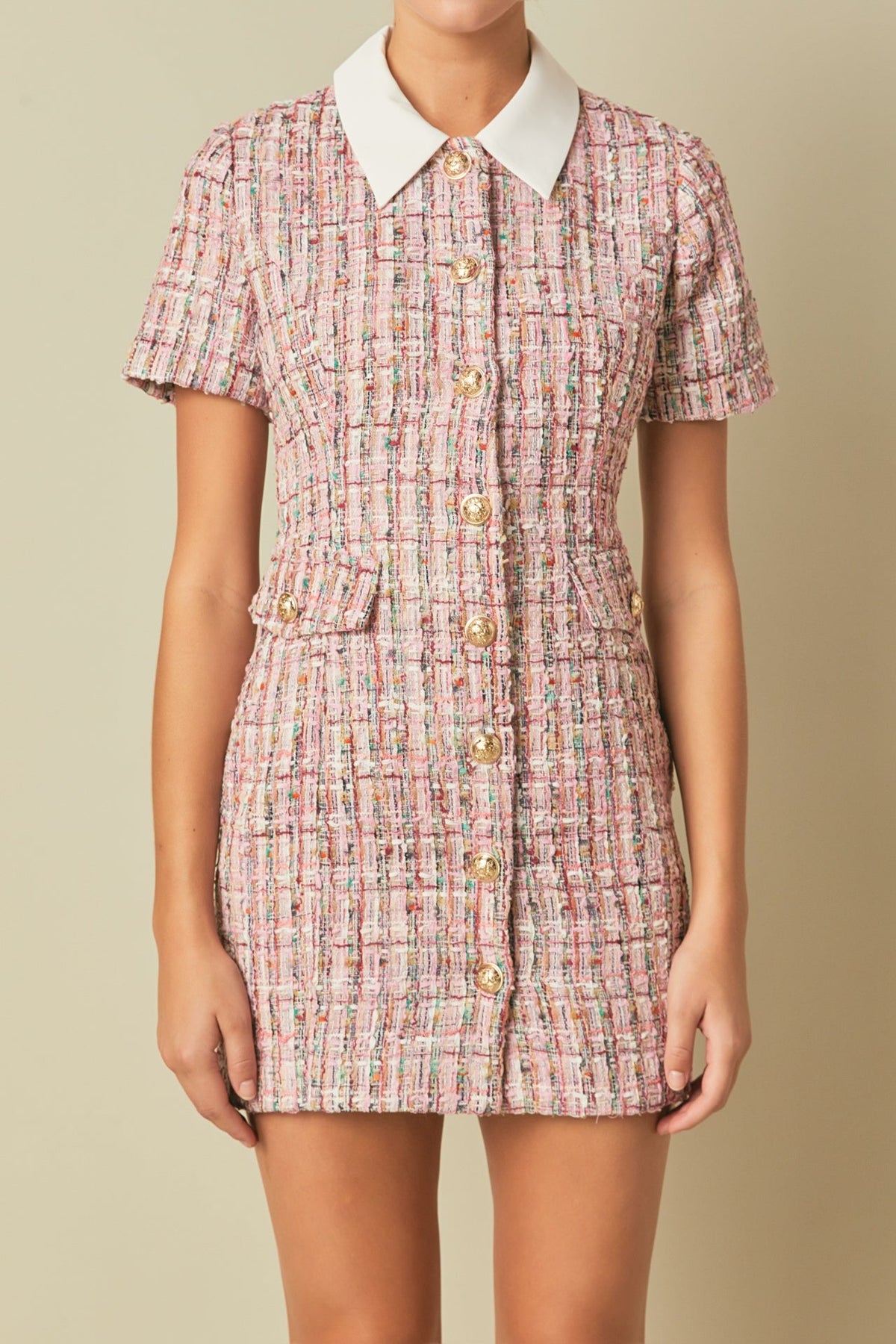 ENDLESS ROSE - Multi Tweed Collared Short Sleeve Dress - DRESSES available at Objectrare