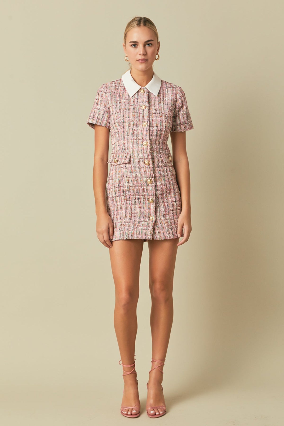 ENDLESS ROSE - Endless Rose - Multi Tweed Collared Short Sleeve Dress - DRESSES available at Objectrare