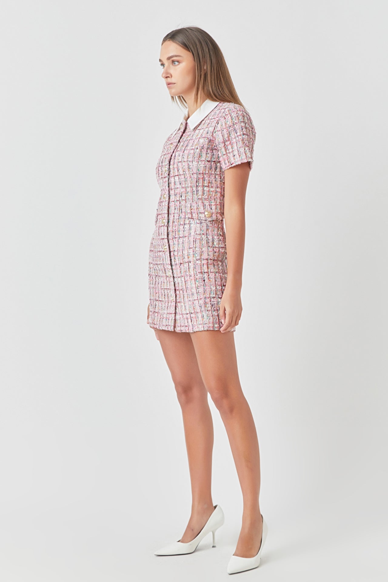 ENDLESS ROSE - Multi Tweed Collared Short Sleeve Dress - DRESSES available at Objectrare