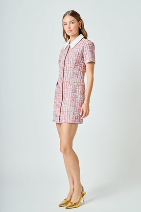 ENDLESS ROSE - Multi Tweed Collared Short Sleeve Dress - DRESSES available at Objectrare