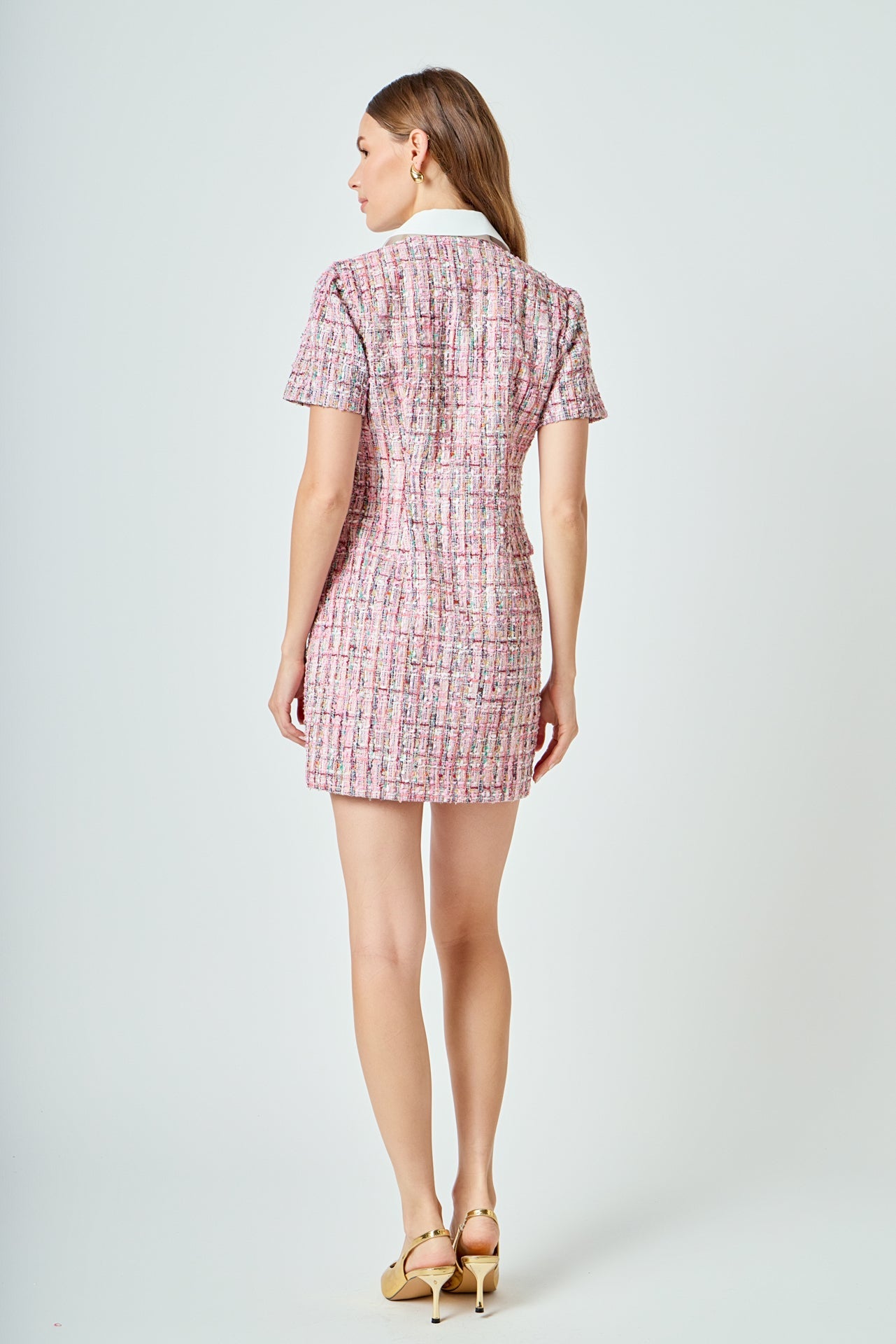 ENDLESS ROSE - Multi Tweed Collared Short Sleeve Dress - DRESSES available at Objectrare