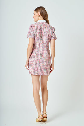 ENDLESS ROSE - Multi Tweed Collared Short Sleeve Dress - DRESSES available at Objectrare