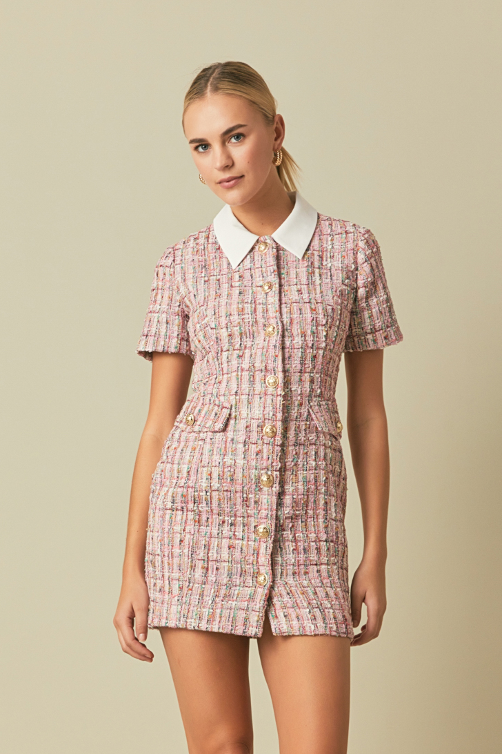 ENDLESS ROSE - Endless Rose - Multi Tweed Collared Short Sleeve Dress - DRESSES available at Objectrare