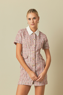 ENDLESS ROSE - Multi Tweed Collared Short Sleeve Dress - DRESSES available at Objectrare