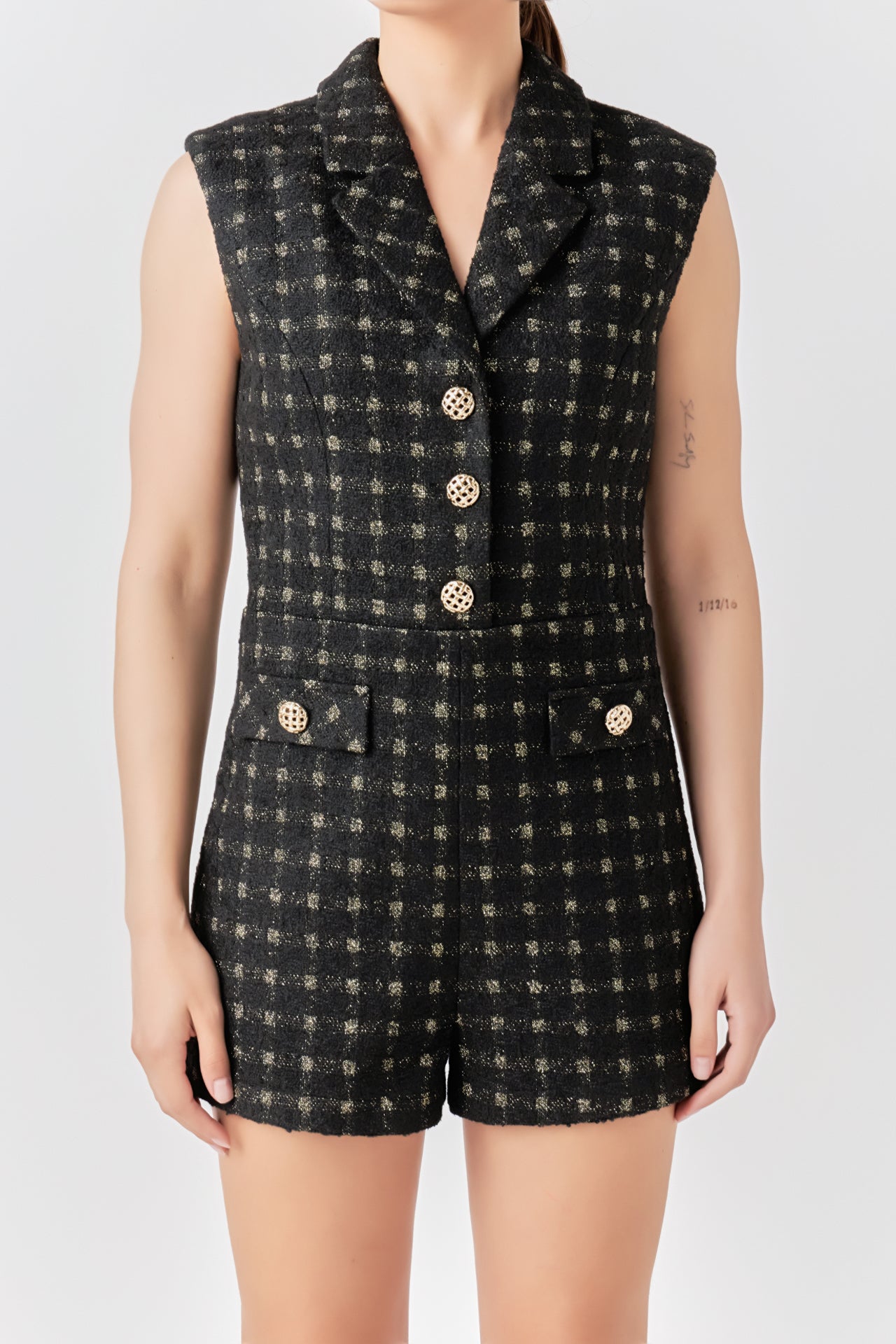 ENDLESS ROSE - Sleeveless Tweed Suited Romper - ROMPERS available at Objectrare
